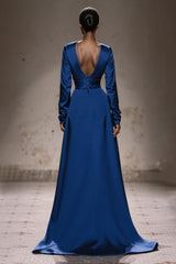 Royal Blue Satin Square Neck Long Sleeves Formal Dress with Sash
