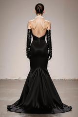Black and White Patchwork Satin Halter Mermaid Long Formal Dress