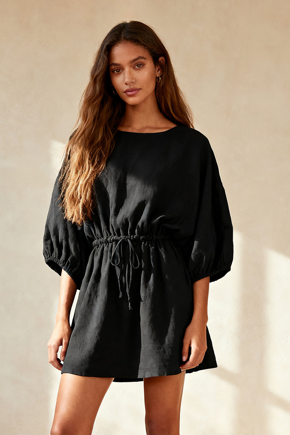 Black Round Neck Ruched Short Work Dress with Sleeves