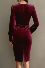 Cabernet Velvet Sheath V-Neck Midi Holiday Party Dress with Sleeves