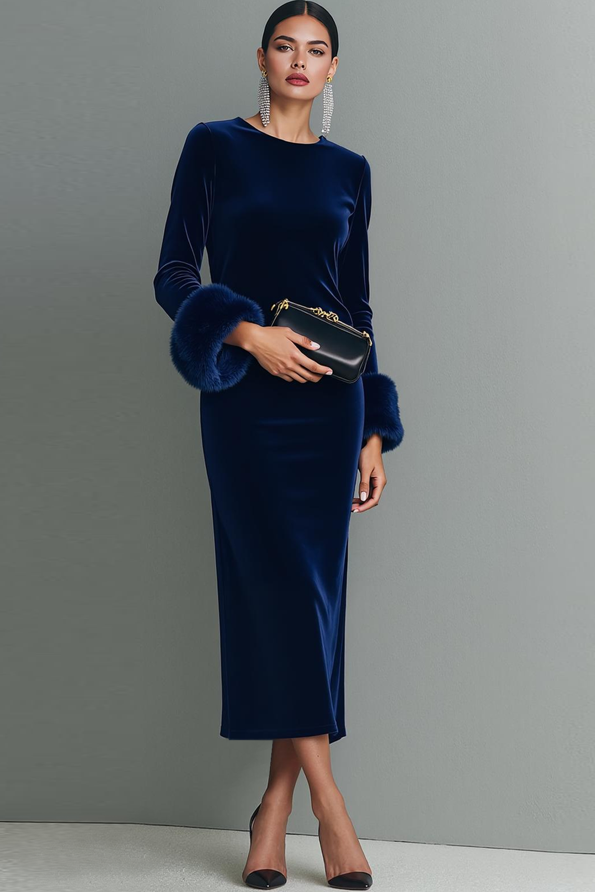 Dark Blue Velvet Sheath Crew Neck Long Sleeves Formal Dress with Feather