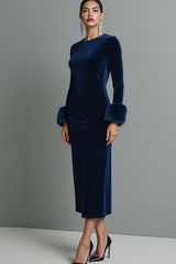 Dark Blue Velvet Sheath Crew Neck Long Sleeves Formal Dress with Feather