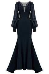 Black Mermaid Illusion Boat Neck Long Sleeves Mother of the Bride Dress with Appliques