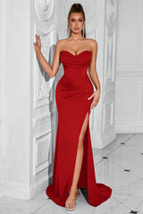 Simple Red Corset Mermaid Strapless Long Prom Dress with Slit