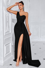 Black Mermaid One Shoulder Ruched Long Prom Dress with Slit