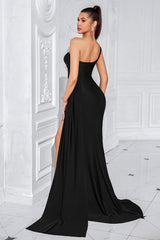 Black Mermaid One Shoulder Ruched Long Prom Dress with Slit