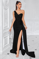 Black Mermaid One Shoulder Ruched Long Prom Dress with Slit