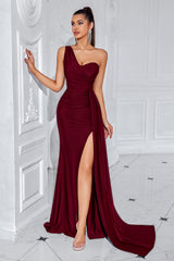 Black Mermaid One Shoulder Ruched Long Prom Dress with Slit
