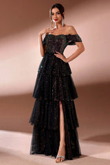 Sparkly Black A Line Tiered Off The Shoulder Long Prom Dress with Slit