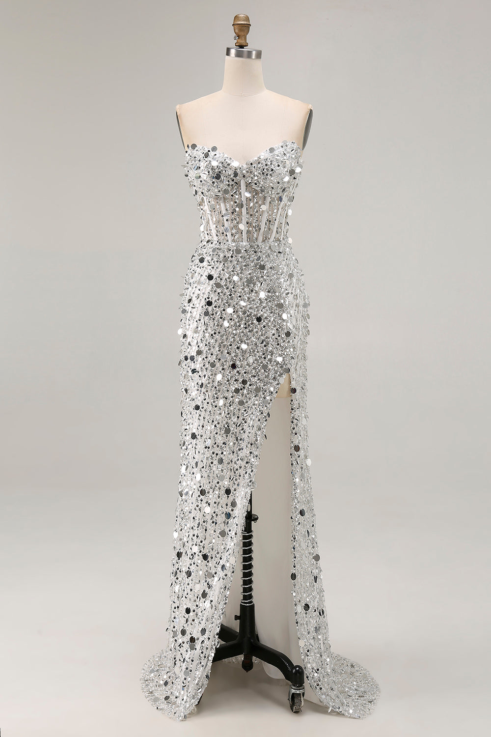 Sparkly Silver Sequin Mermaid Long Corset Prom Dress with Slit