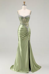 Sparkly Green Mermaid Ruched Long Corset Prom Dress with Slit