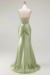 Sparkly Green Mermaid Ruched Long Corset Prom Dress with Slit