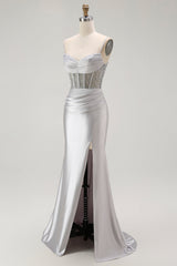 Sparkly Grey Mermaid Satin Long Corset Prom Dress with Slit