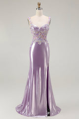 Sparkly Lilac Mermaid Floral Long Prom Dress with Slit