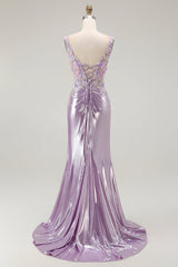 Sparkly Lilac Mermaid Floral Long Prom Dress with Slit