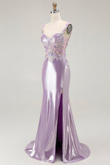 Sparkly Lilac Mermaid Floral Long Prom Dress with Slit