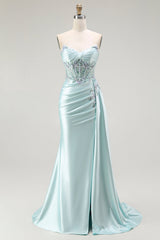 Sparkly Light Green Floral Corset Long Prom Dress with Slit