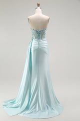 Sparkly Light Green Floral Corset Long Prom Dress with Slit