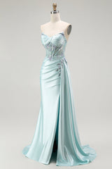 Sparkly Light Green Floral Corset Long Prom Dress with Slit