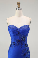 Sparkly Royal Blue Corset Mermaid Floral Long Prom Dress with Beading