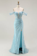 Sparkly Blue Mermaid Off the Shoulder Long Corset Prom Dress with Slit