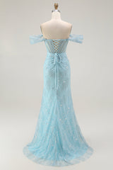 Sparkly Blue Mermaid Off the Shoulder Long Corset Prom Dress with Slit