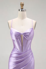 Sparkly Purple Corset Mermaid Spaghetti Straps Long Prom Dress with Slit