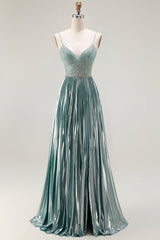Sparkly Grey Green Metallic A Line Corset Long Prom Dress with Slit