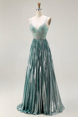 Sparkly Grey Green Metallic A Line Corset Long Prom Dress with Slit