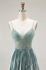 Sparkly Grey Green Metallic A Line Corset Long Prom Dress with Slit