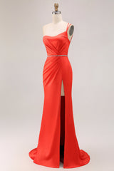 Orange One Shoulder Ruched Mermaid Long Prom Dress with Slit