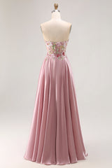 Sparkly Grey Pink Corset Floral A Line Long Prom Dress