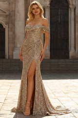 Sparkly Champagne Mermaid Off the Shoulder Long Prom Dress with Slit