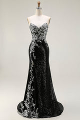 Sparkly Black Silver Sequin Strapless Mermaid Long Prom Dress