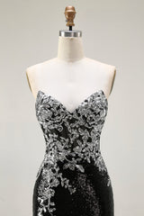 Sparkly Black Silver Sequin Strapless Mermaid Long Prom Dress