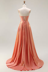 Sparkly Orange Metallic Spaghetti Straps Corset Long Prom Dress