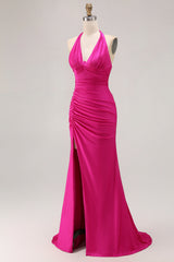 Fuchsia Glitter Halter Mermaid Ruched Long Prom Dress with Slit