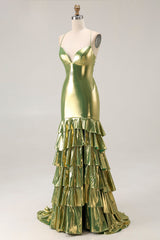 Gold Metallic Mermaid Tiered Long Prom Dress with Ruffles