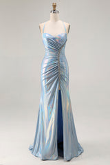 Sparkly Light Blue Ruched Metallic Mermaid Long Prom Dress