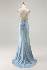 Sparkly Light Blue Ruched Metallic Mermaid Long Prom Dress