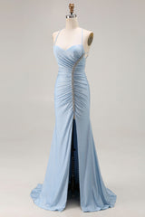Sparkly Light Blue Beaded Satin Mermaid Long Prom Dress with Slit