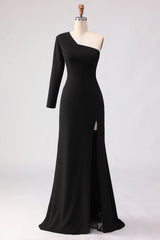 Black Sheath One Shoulder Long Mother of the Bride Dress with Slit