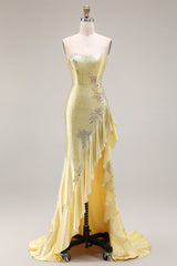 Sparkly Yellow Floral Sweetheart Ruffled Mermaid Long Prom Dress with Slit