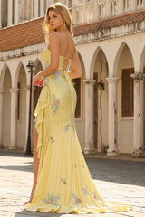 Sparkly Yellow Floral Sweetheart Ruffled Mermaid Long Prom Dress with Slit
