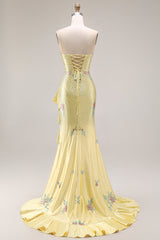 Sparkly Yellow Floral Sweetheart Ruffled Mermaid Long Prom Dress with Slit