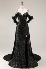 Sparkly Black Cold Shoulder Mermaid Long Corset Prom Dress with Cape