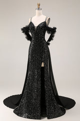 Sparkly Black Cold Shoulder Mermaid Long Corset Prom Dress with Cape