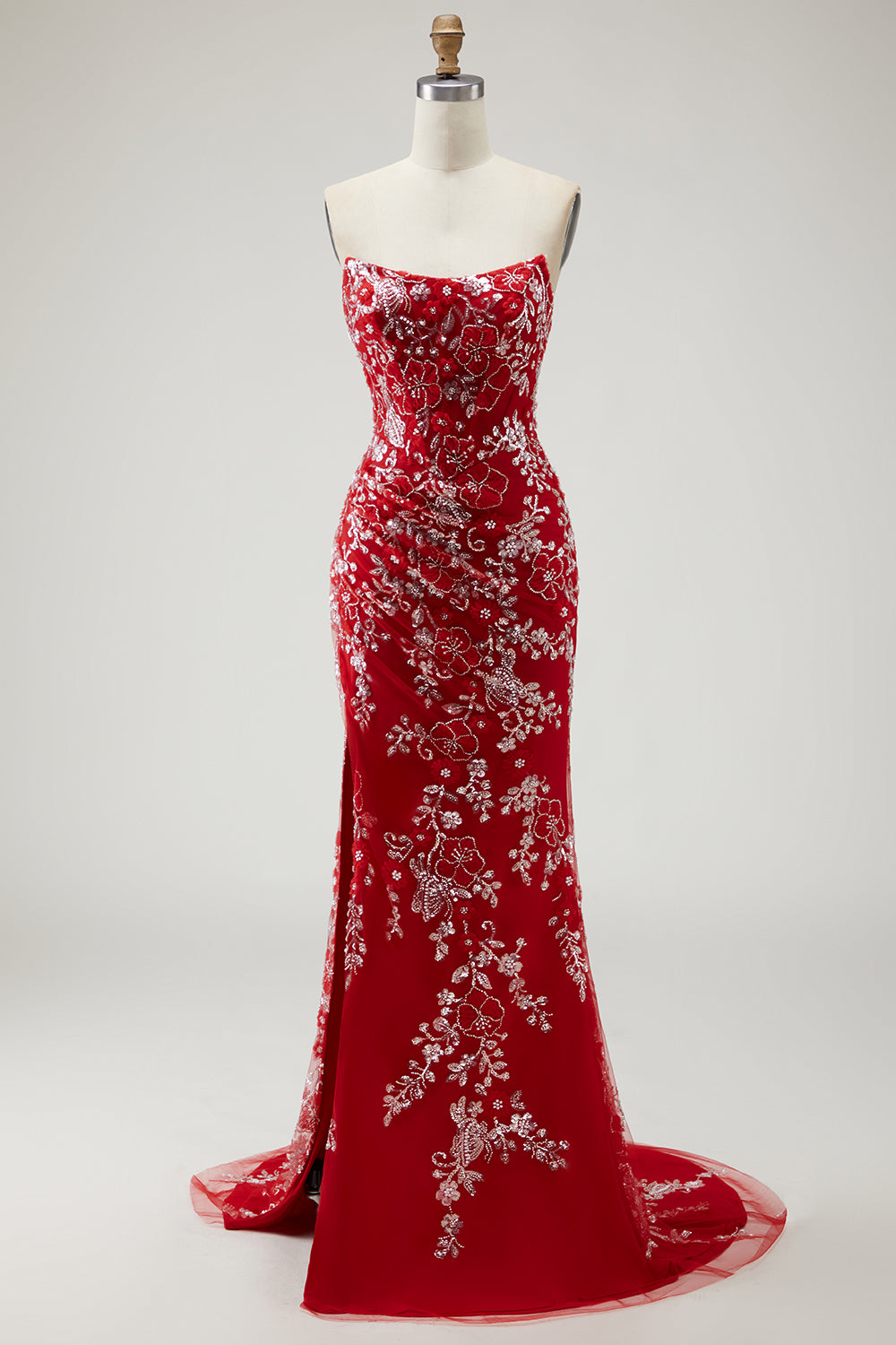 Sparkly Red Floral Mermaid Long Prom Dress with Beading