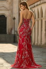 Sparkly Red Floral Mermaid Long Prom Dress with Beading