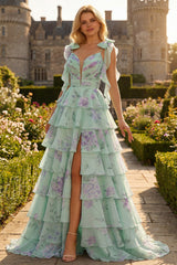 Green and Purple Floral Ruffled Spaghetti Straps Long Prom Dress with Slit
